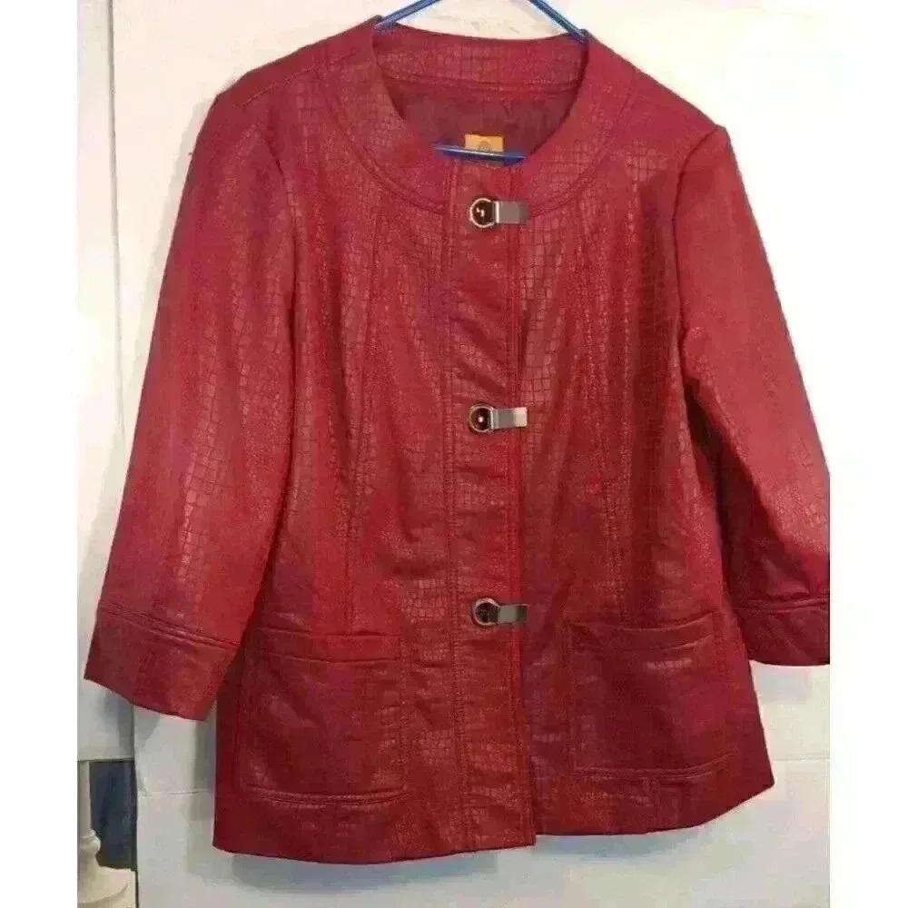 "RUBY ROAD" Petite Sz 12P Red Faux Snakeskin Ladies Jacket 3 Clasp Closure EUC